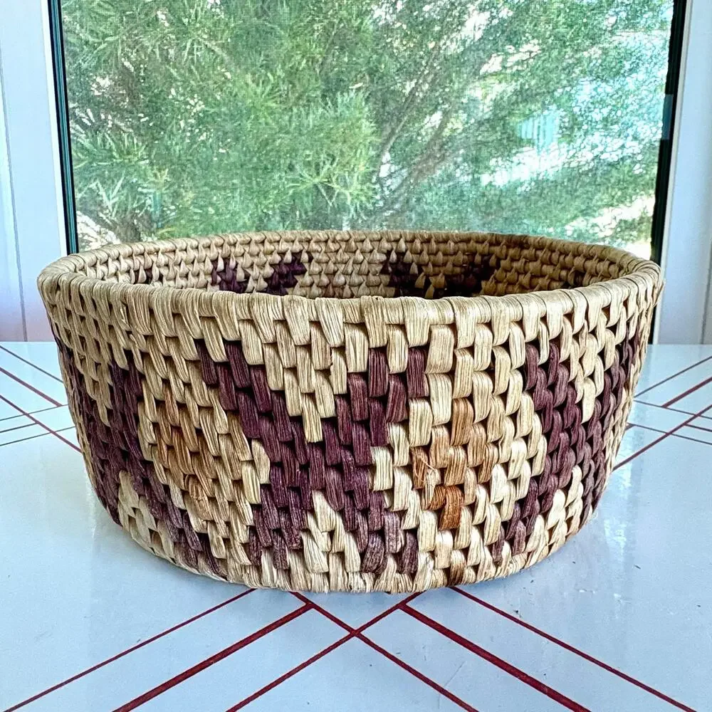 Vintage Woven Basket Bowl Natural Fiber Geometric Pattern 10 Inch
